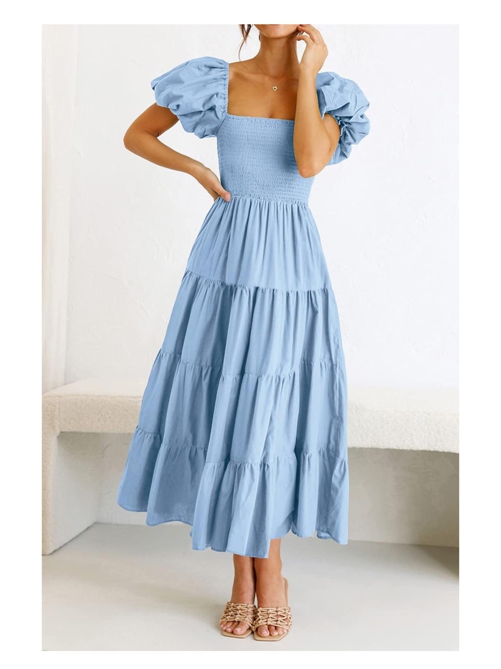 PrettyGarden Summer Puff Sleeve Midi Dress